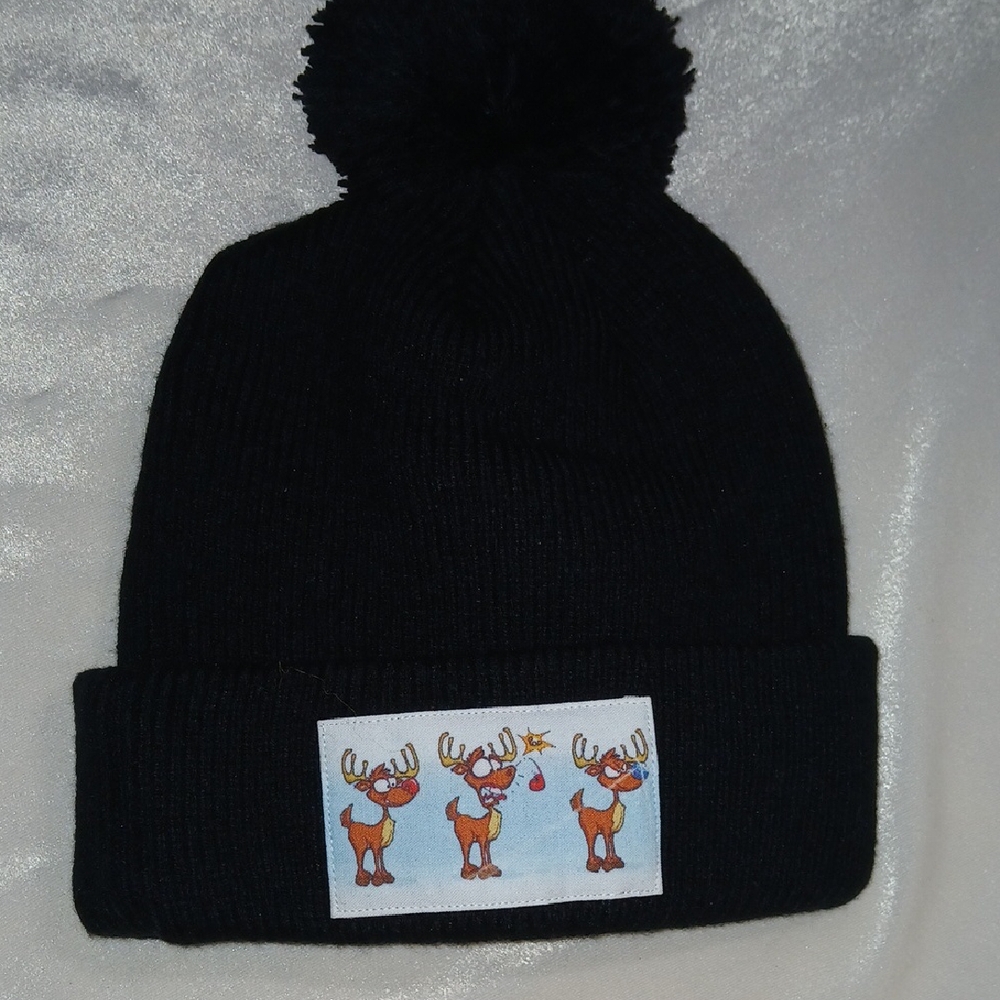 Black Reindeer Pom-Pom Beanie